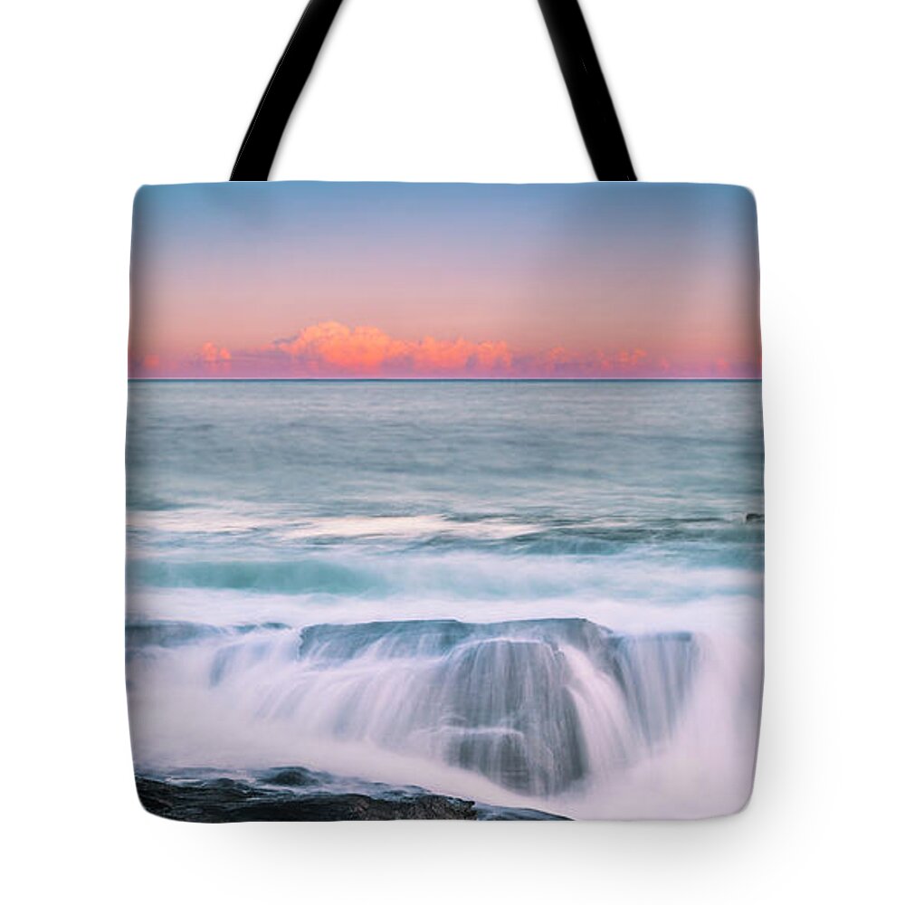 Maine Tote Bag featuring the photograph Maine Rocky Coastal Sunset Panorama by Ranjay Mitra