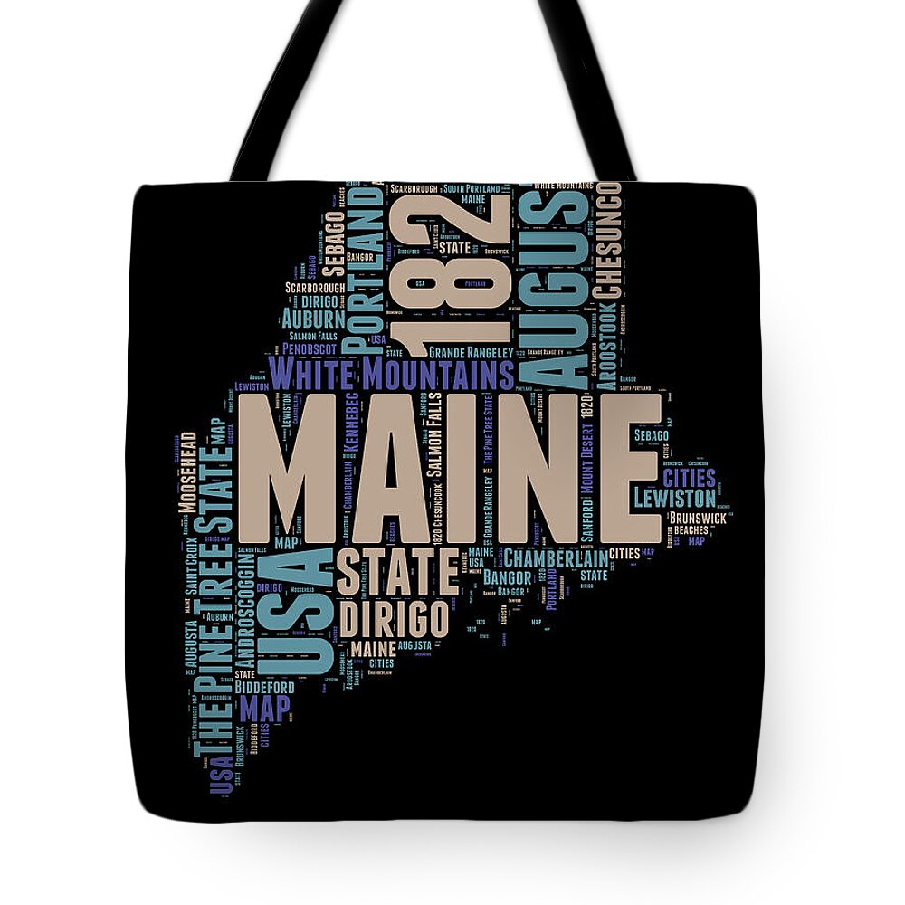 Maine Tote Bag featuring the digital art Maine Word Cloud 1 by Naxart Studio