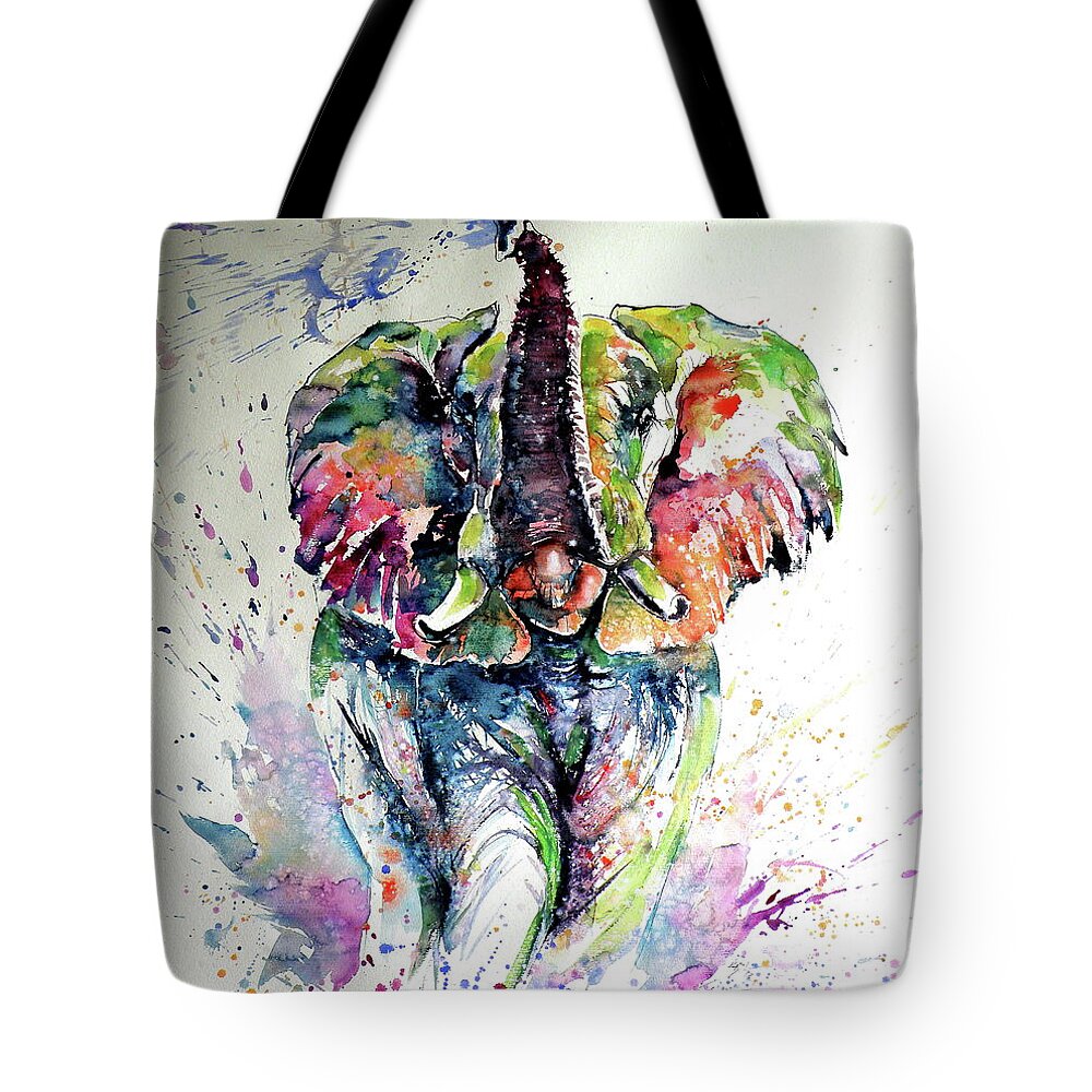 Elephant Tote Bag featuring the painting Majestic elephant playing by Kovacs Anna Brigitta