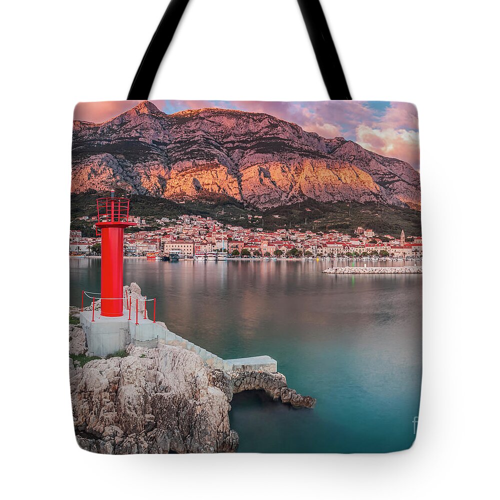 Makarska Tote Bag featuring the photograph Makarska Harbour At Sunset by Sophie McAulay