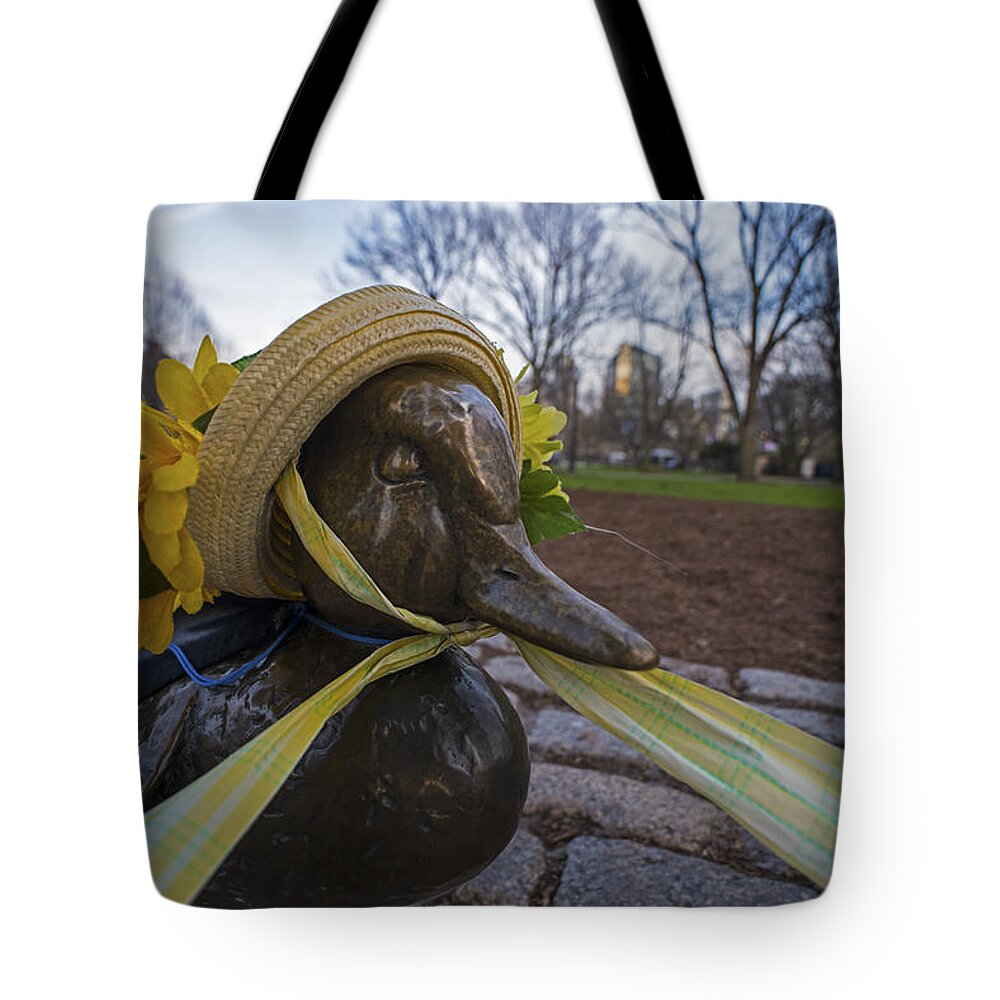 Boston Tote Bag featuring the photograph Make Way For Ducklings B.A.A. 5k Spring Bonnet by Toby McGuire