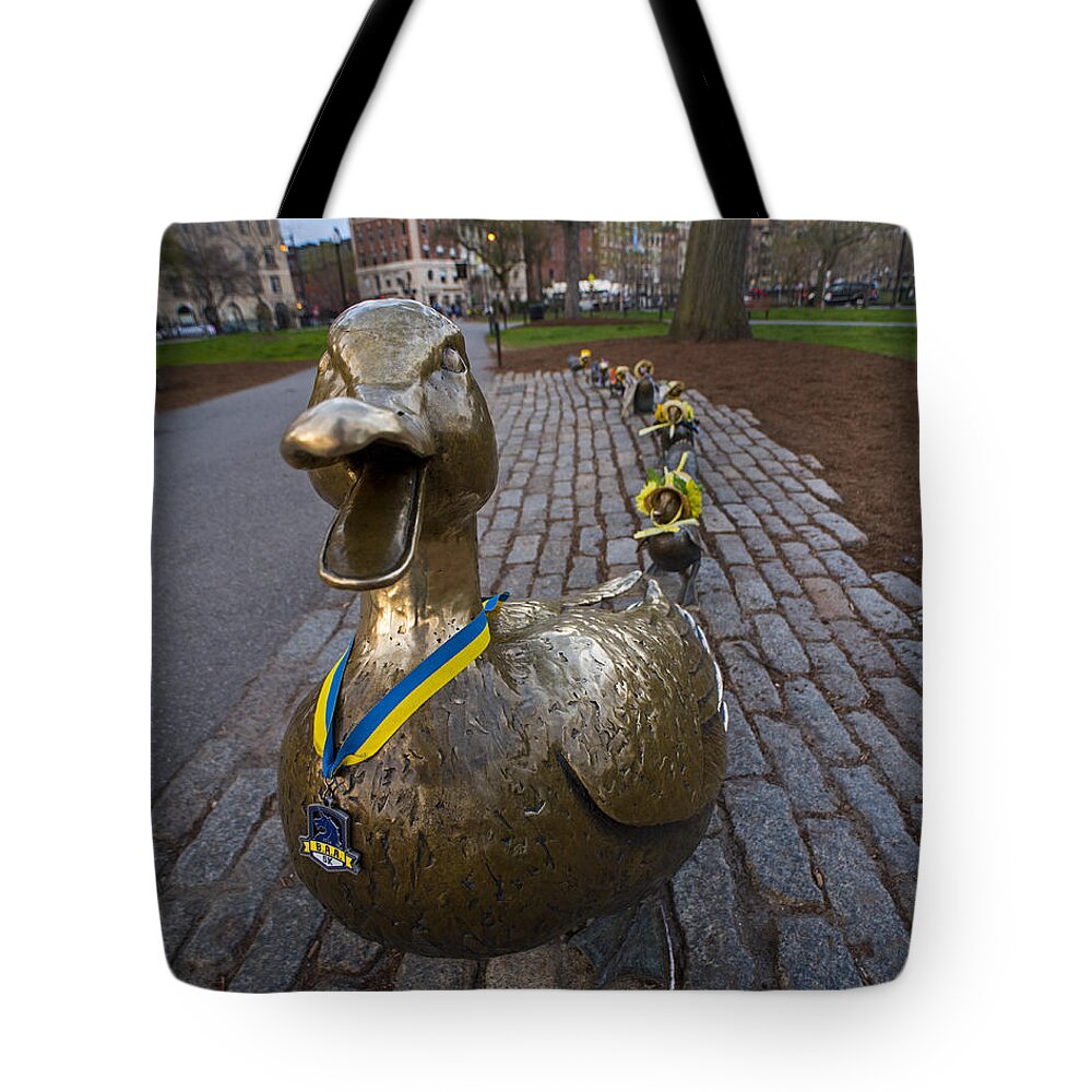 Boston Tote Bag featuring the photograph Make Way For Ducklings B.A.A. 5k by Toby McGuire