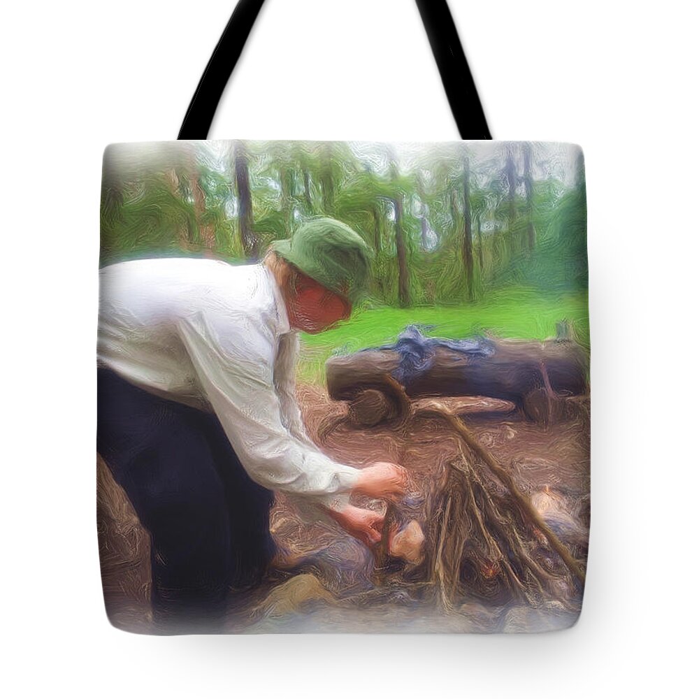 Camping Tote Bag featuring the digital art Making Fire by Michael Blaine