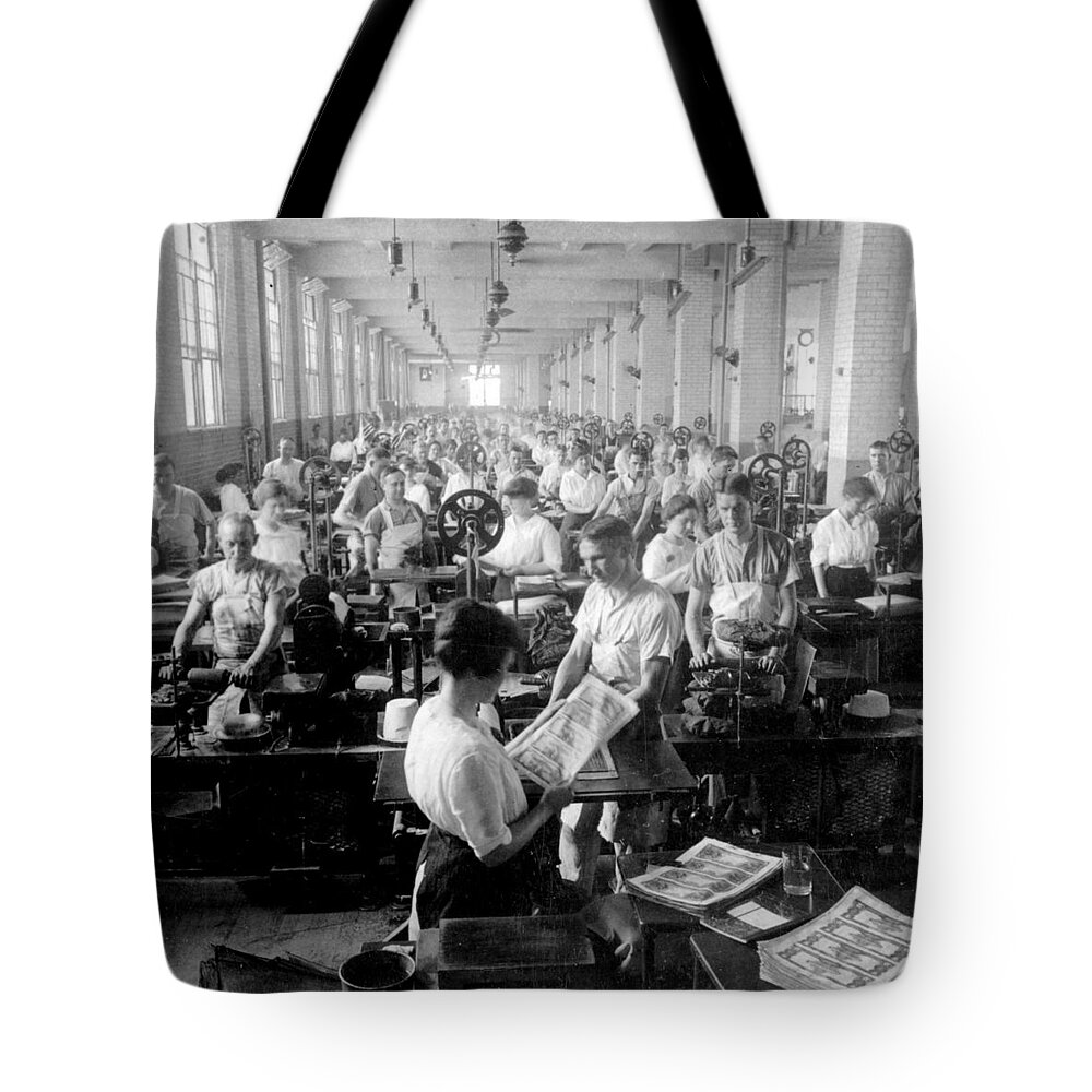 washington Dc Tote Bag featuring the photograph Making Money at the Bureau of Printing and Engraving - Washington DC - c 1916 by International Images