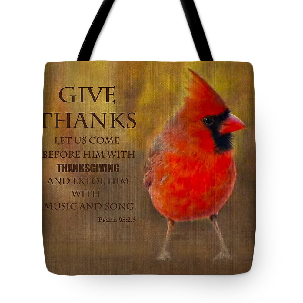 Male Cardinal Tote Bag featuring the photograph Male Cardinal in Fall Give Thanks by Sandi OReilly