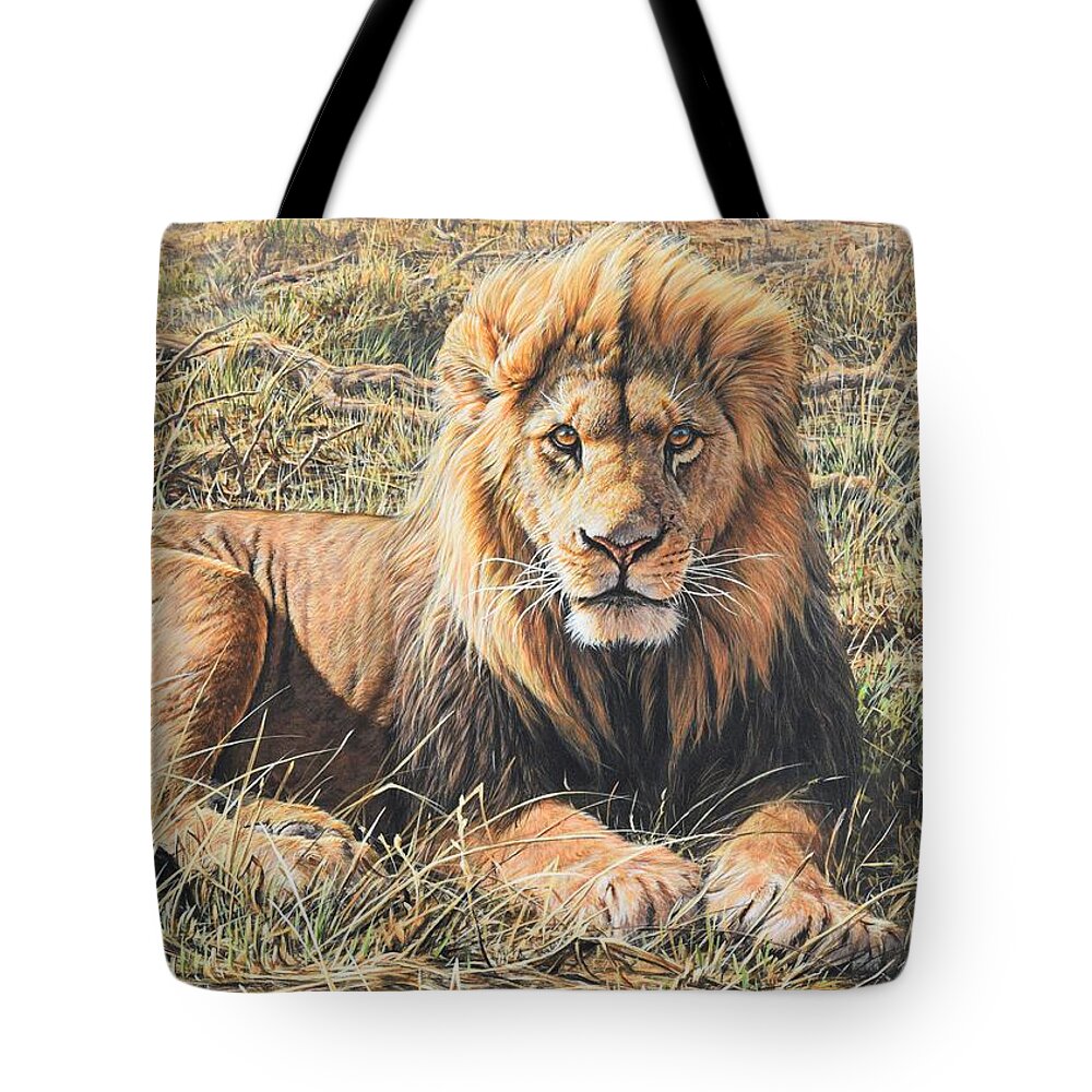 Wildlife Paintings Tote Bag featuring the painting Male Lion Portrait by Alan M Hunt