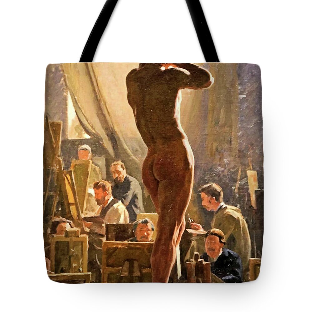 Male Tote Bag featuring the painting Male Nude in the Studio of Bonnat by Lauritis Tuxin