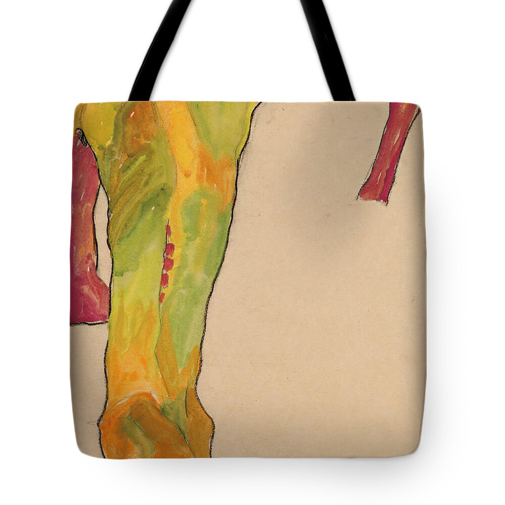 Egon Schiele Tote Bag featuring the drawing Male Nude, Propping Himself Up by Egon Schiele