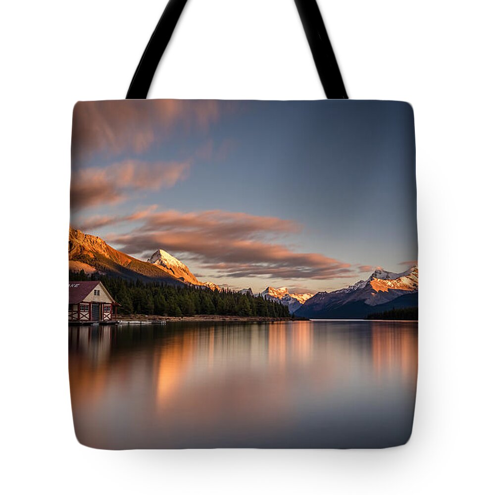 Long Exposure Tote Bag featuring the photograph Maligne Lake Sunrise by Pierre Leclerc Photography