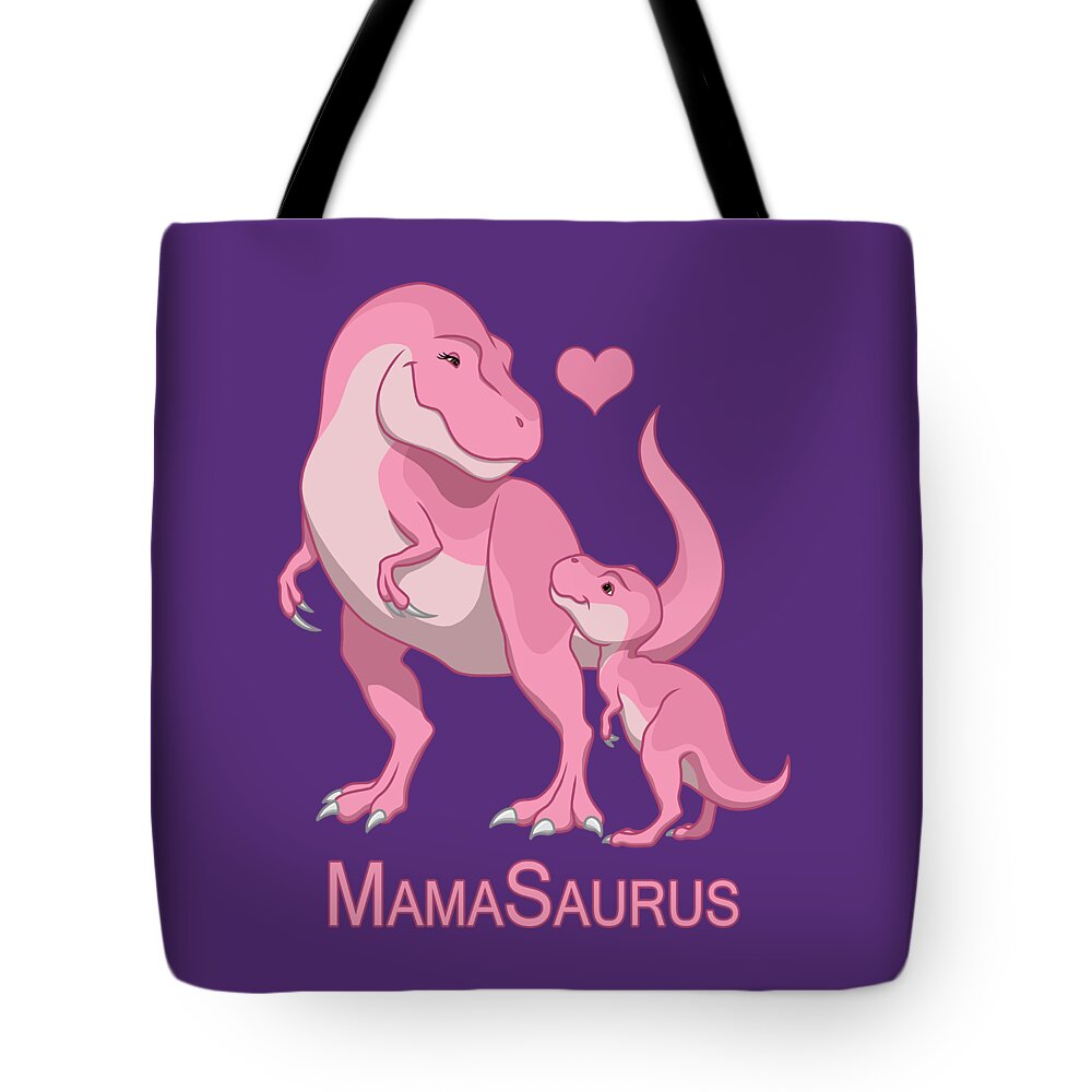 Mama Tote Bag featuring the painting MamaSaurus Tyrannosaurus Rex and Baby Girl Dinosaurs by Crista Forest