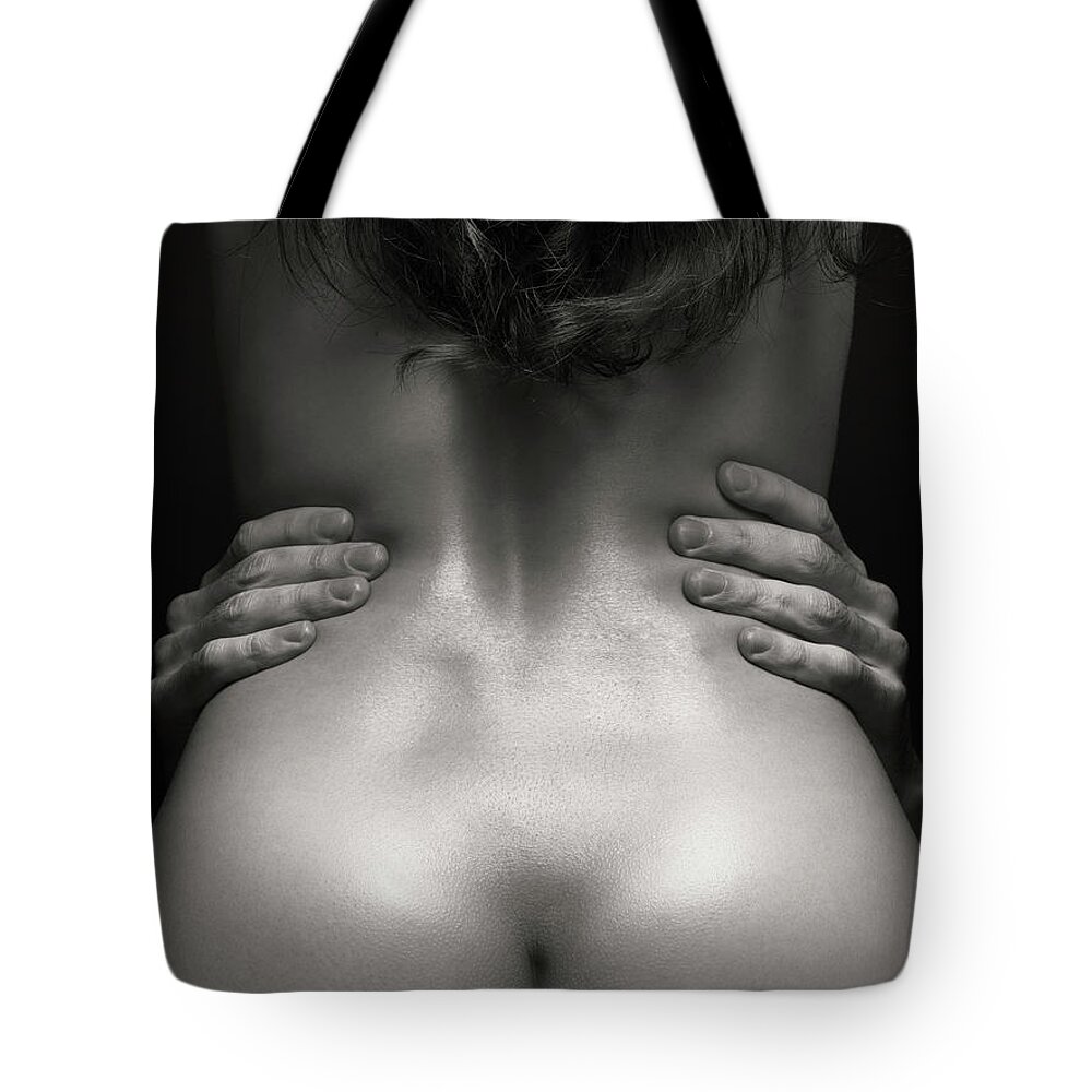 Man hands on nude woman back Couple Making Love Tote Bag by Maxim Images Exquisite Prints pic
