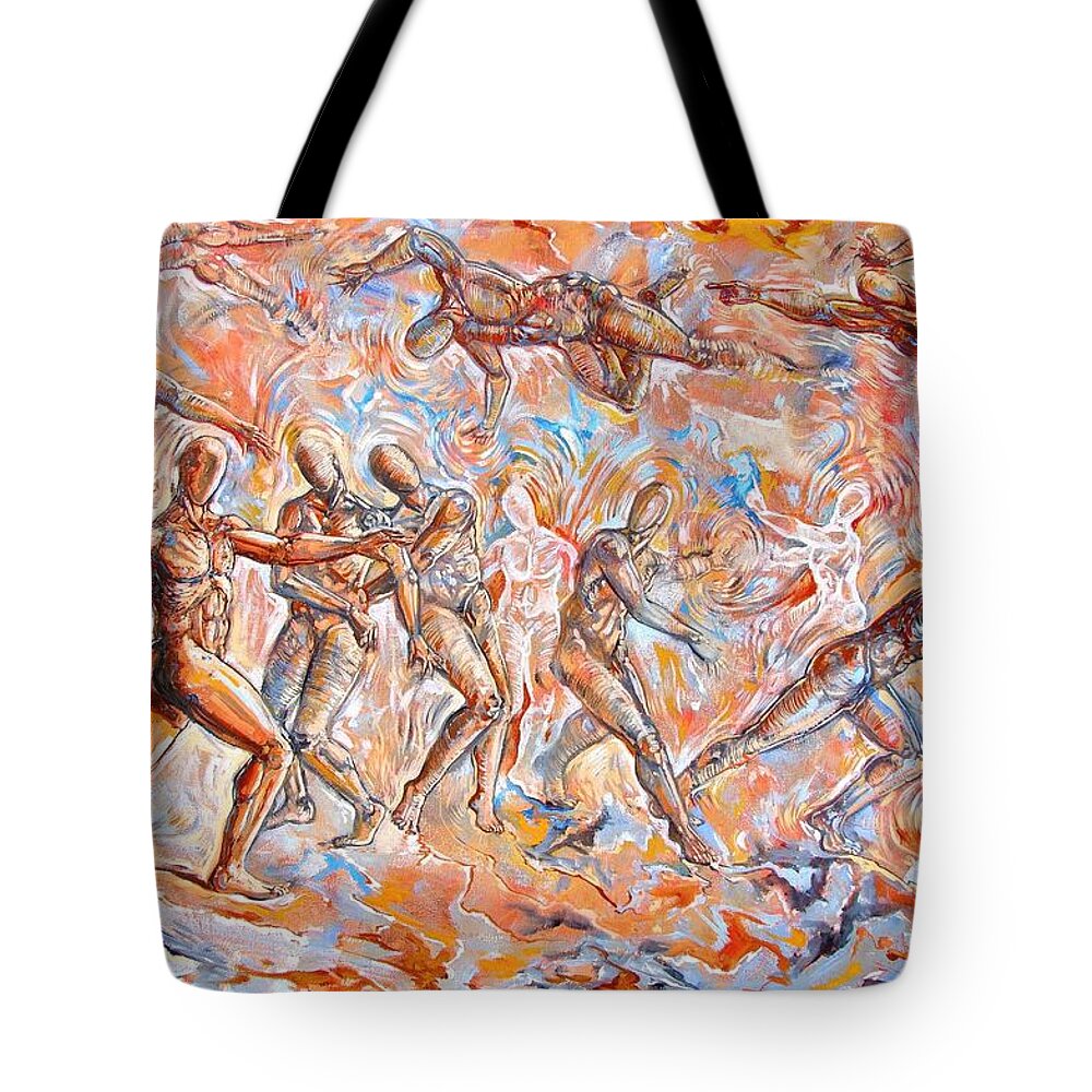 Surrealism Tote Bag featuring the painting Man unaware of his own Karma by Darwin Leon