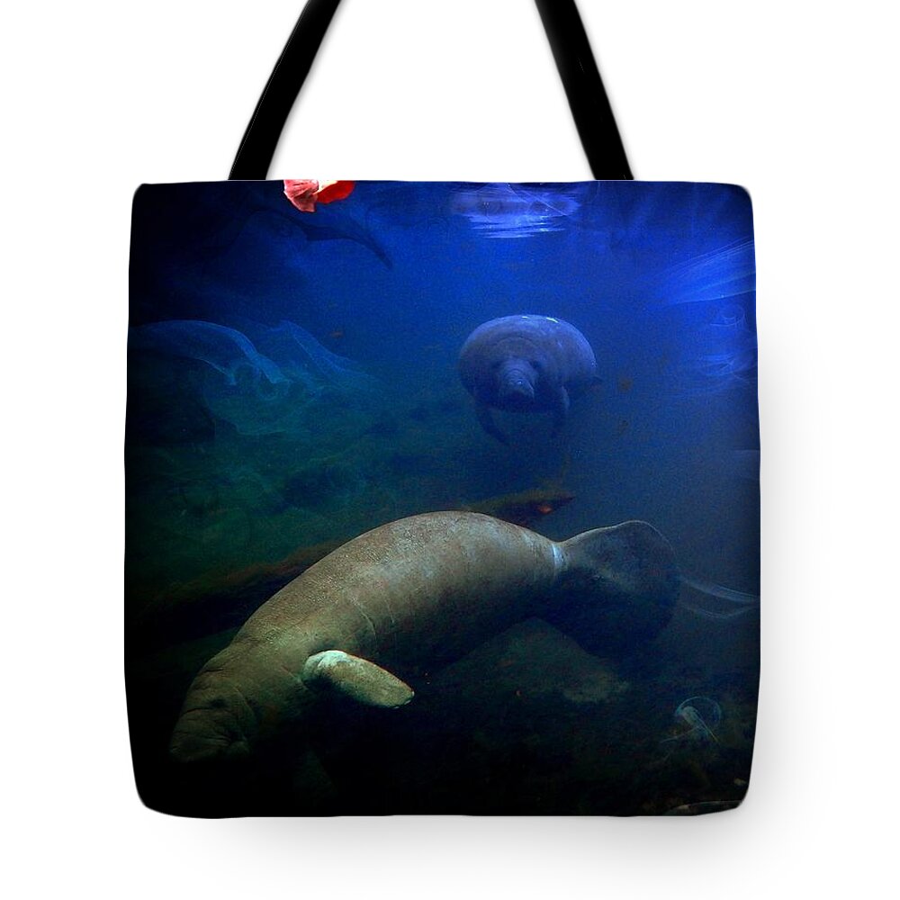 Manatee Family 1 Tote Bag featuring the digital art Manatee Fog by Sheri McLeroy