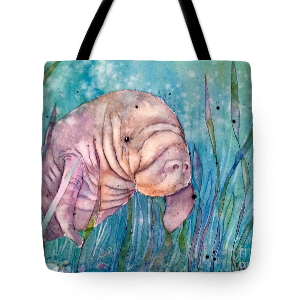 Manatee Tote Bag featuring the painting Manatee in the sea grass by Midge Pippel