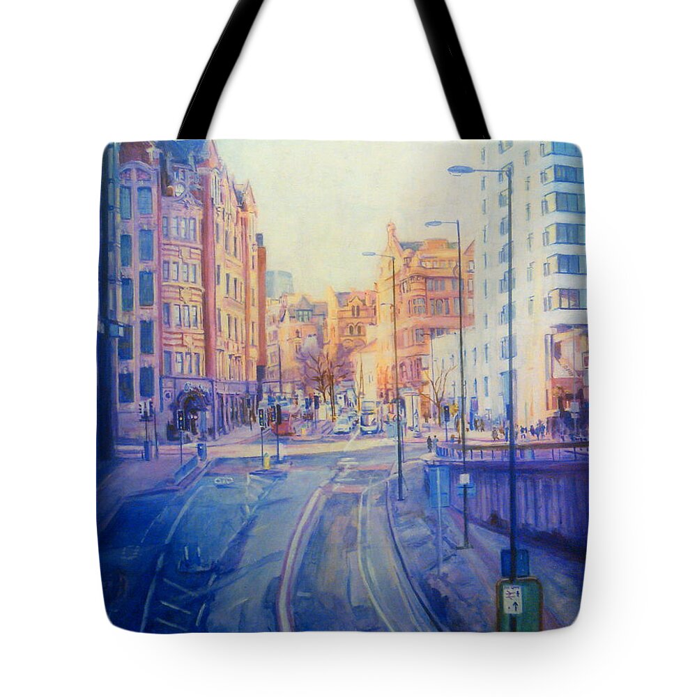 Manchester Tote Bag featuring the painting Manchester Light And Shade by Rosanne Gartner
