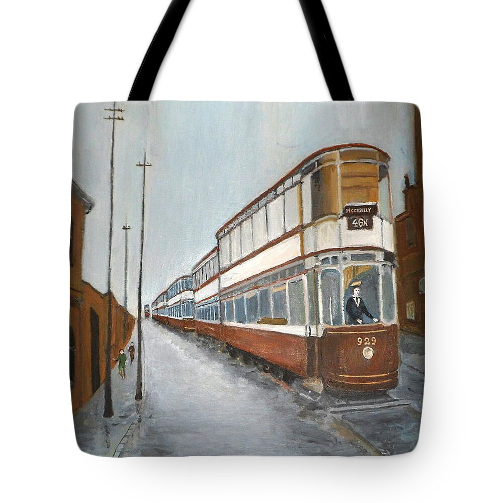 Manchester Piccadilly Tram Tote Bag featuring the painting Manchester Piccadilly tram by Peter Gartner