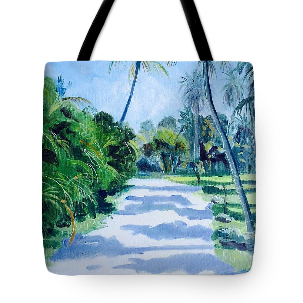 Palm Trees Florida Pleinair Sanibel Island Santiva Captiva Tropical Tote Bag featuring the painting Mangrove Lane by Maggii Sarfaty