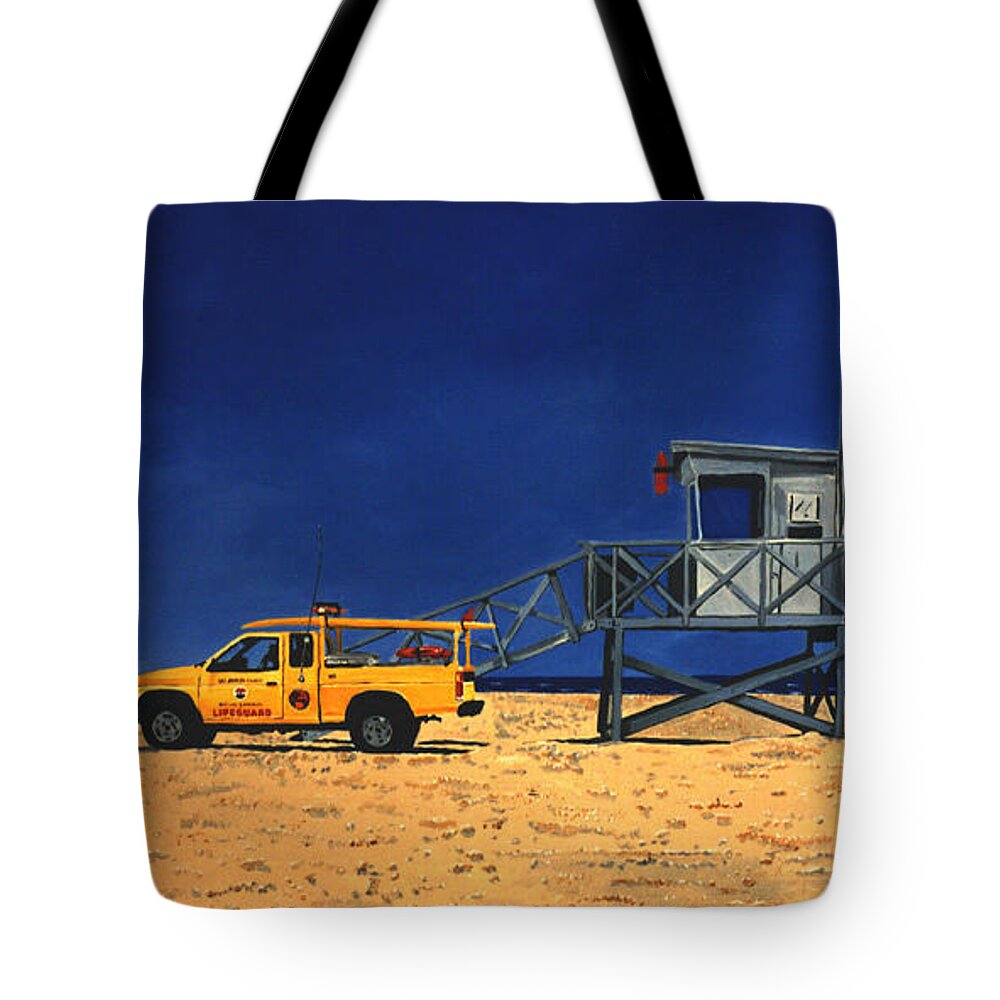 Modern Tote Bag featuring the painting Manhattan Beach Lifeguard Station Side by Lance Headlee
