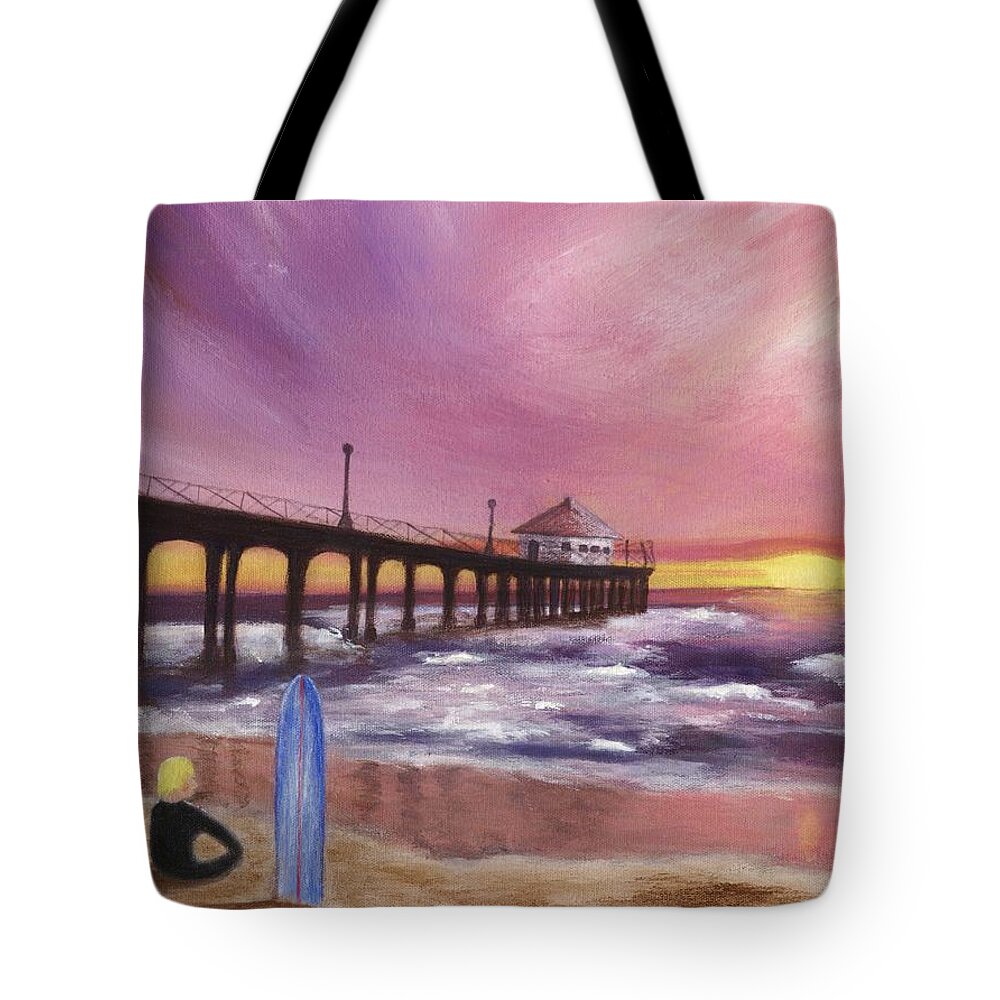 Manhattan Beach Tote Bag featuring the painting Manhattan Beach Pier by Jamie Frier