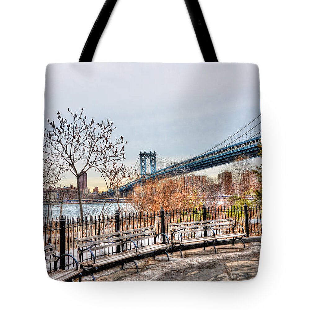 Brooklyn Tote Bag featuring the photograph Manhattan Bridge from Brooklyn Bridge Park by Randy Aveille