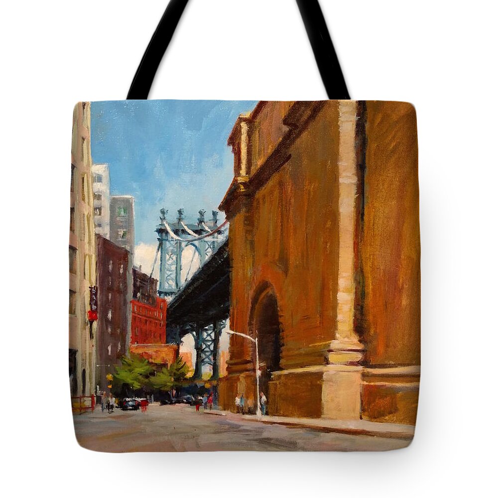 New York Tote Bag featuring the painting Manhattan Bridge from Front Street, Brooklyn by Peter Salwen