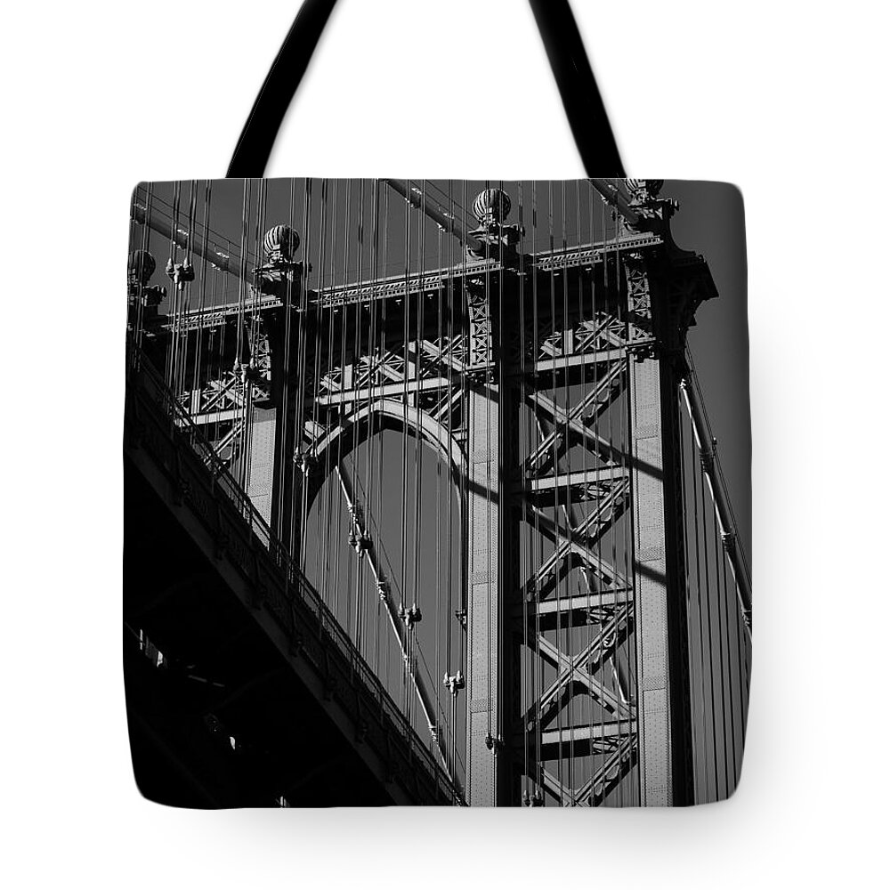 Manhattan Bridge Tote Bag featuring the photograph Manhattan Bridge Tower from John Street by Jack Riordan