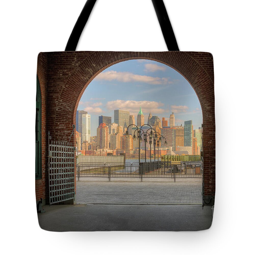 Clarence Holmes Tote Bag featuring the photograph Manhattan Skyline from CRRNJ Terminal I by Clarence Holmes