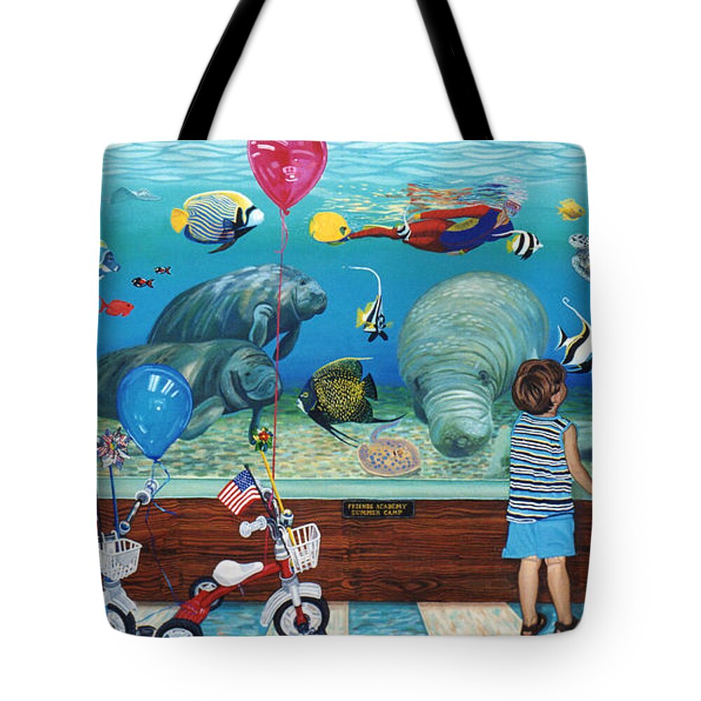 Fish Tote Bag featuring the painting Manitee Aquarium with my Twins by Bonnie Siracusa