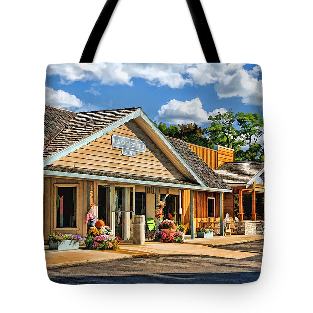 Door County Tote Bag featuring the painting Mann's Mercantile Shops on Washington Island Door County by Christopher Arndt