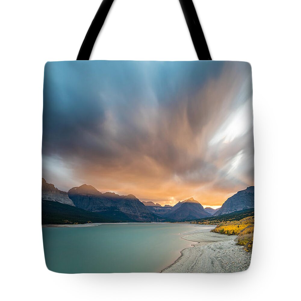 Glacier Tote Bag featuring the photograph Many Glacier Apocalyptic Sunset by Pierre Leclerc Photography