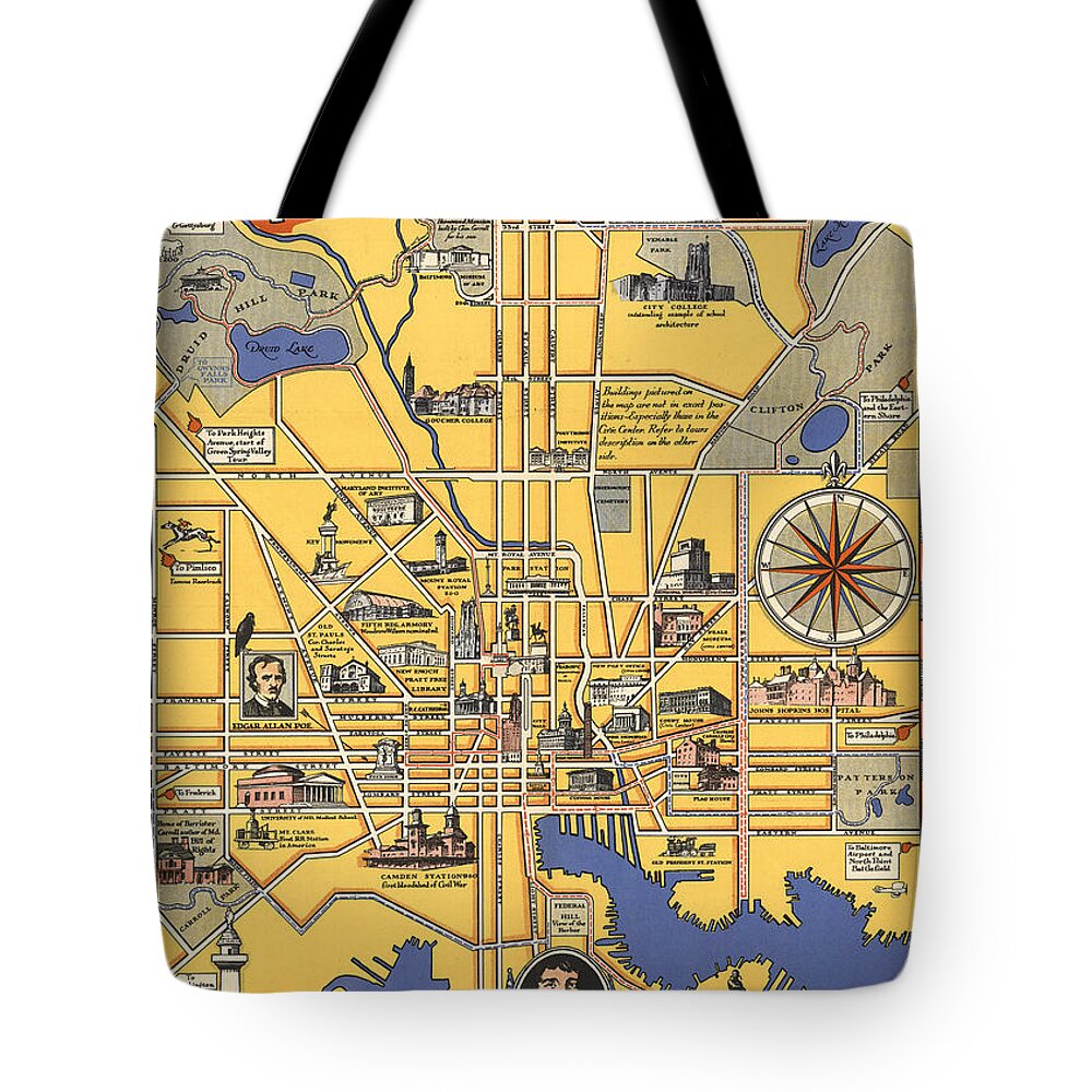 Baltimore Map Tote Bag featuring the mixed media Map of Baltimore - Vintage Illustrated Map - Historical Map - Cartography by Studio Grafiikka