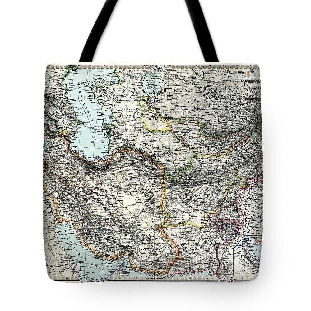 Map Of Iran And Turan In Qajar Dynasty Drawn By Adolf Stieler - 1891 Tote Bag featuring the painting Map of Iran and Turan in Qajar dynasty drawn by Adolf Stieler by Celestial Images