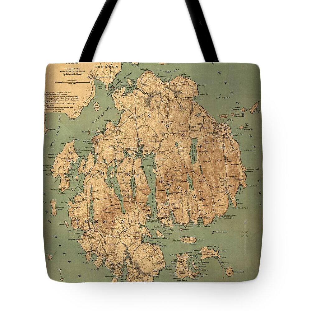 Map Of Mount Desert Island Tote Bag featuring the painting Map of Mount Desert Island by MotionAge Designs