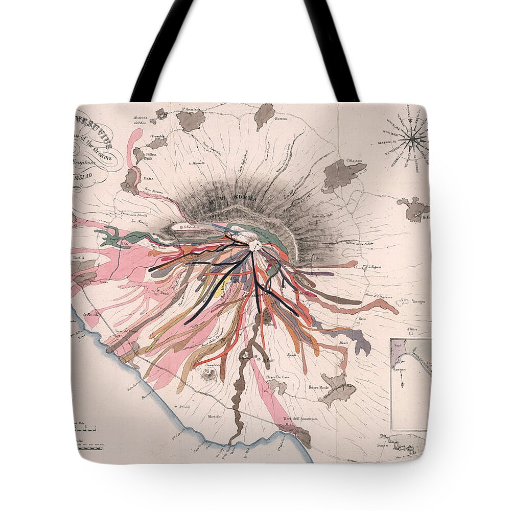 Antique Geological Map Tote Bag featuring the drawing Map of Mount Vesuvius - Pompeii, Italy - Volcano - Antique Geological Map by Studio Grafiikka