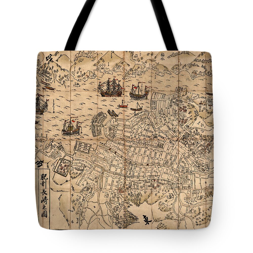 Map Of Nagasaki Tote Bag featuring the photograph Map Of Nagasaki 1764 by Andrew Fare