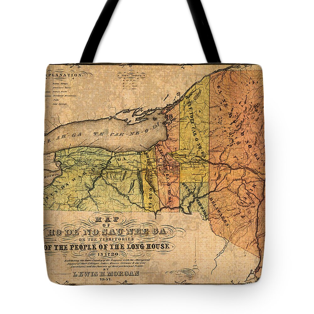 Map Tote Bag featuring the mixed media Map of New York State Showing Original Indian Tribe Iroquois Landmarks and Territories Circa 1720 by Design Turnpike