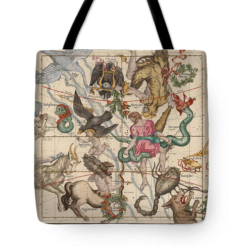 Constellations Map Tote Bag featuring the drawing Map of the Constellations Hercules, Sagittarius, Scorpius, Libra - Celestial Map - Antique map by Studio Grafiikka