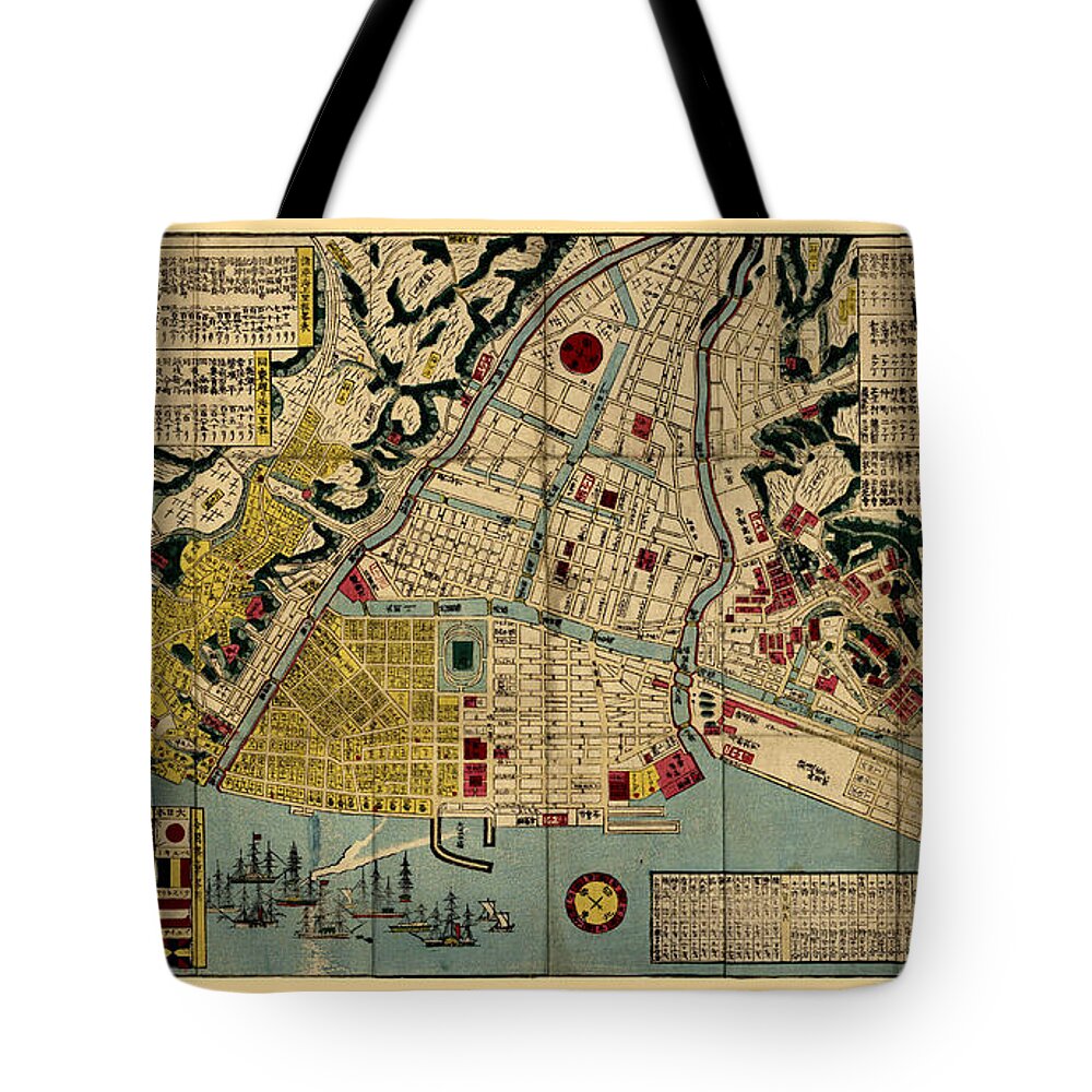 Map Of Yokohama Tote Bag featuring the photograph Map Of Yokohama 1878 by Andrew Fare