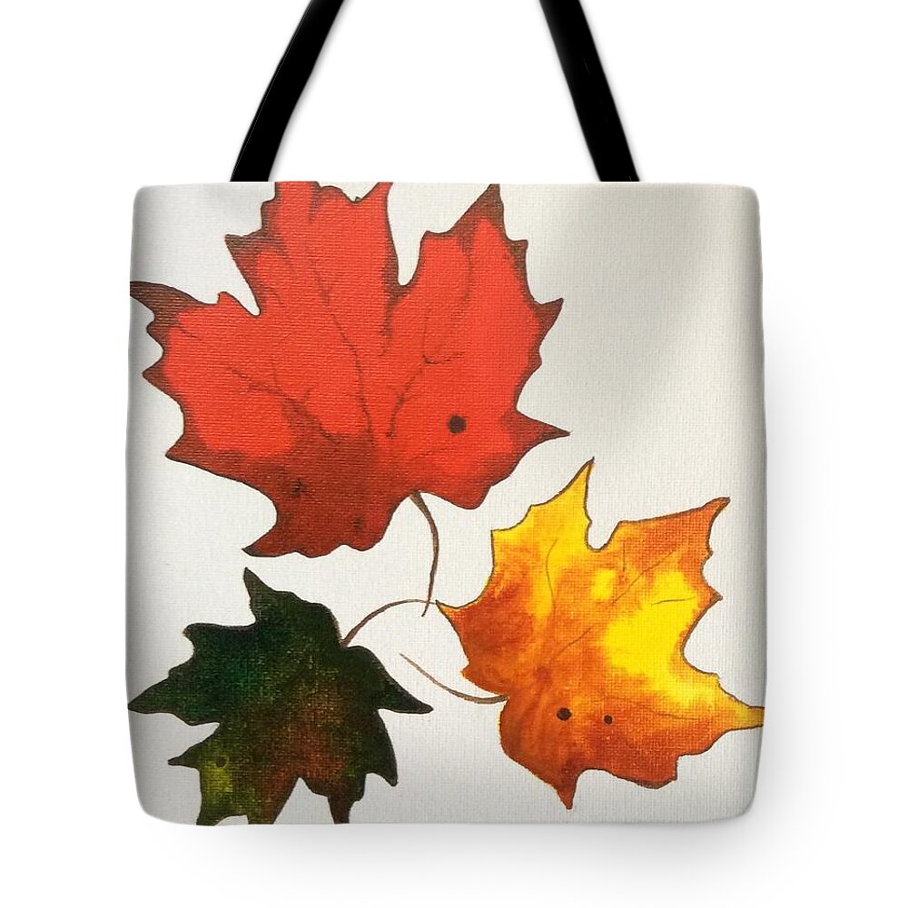 Leaf Tote Bag featuring the painting Maple Leaf Trio by Pat Purdy