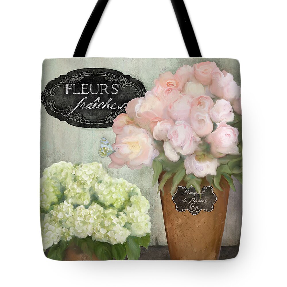 French Flower Market Tote Bag featuring the painting Marche aux Fleurs 2 - Peonies n Hydrangeas by Audrey Jeanne Roberts