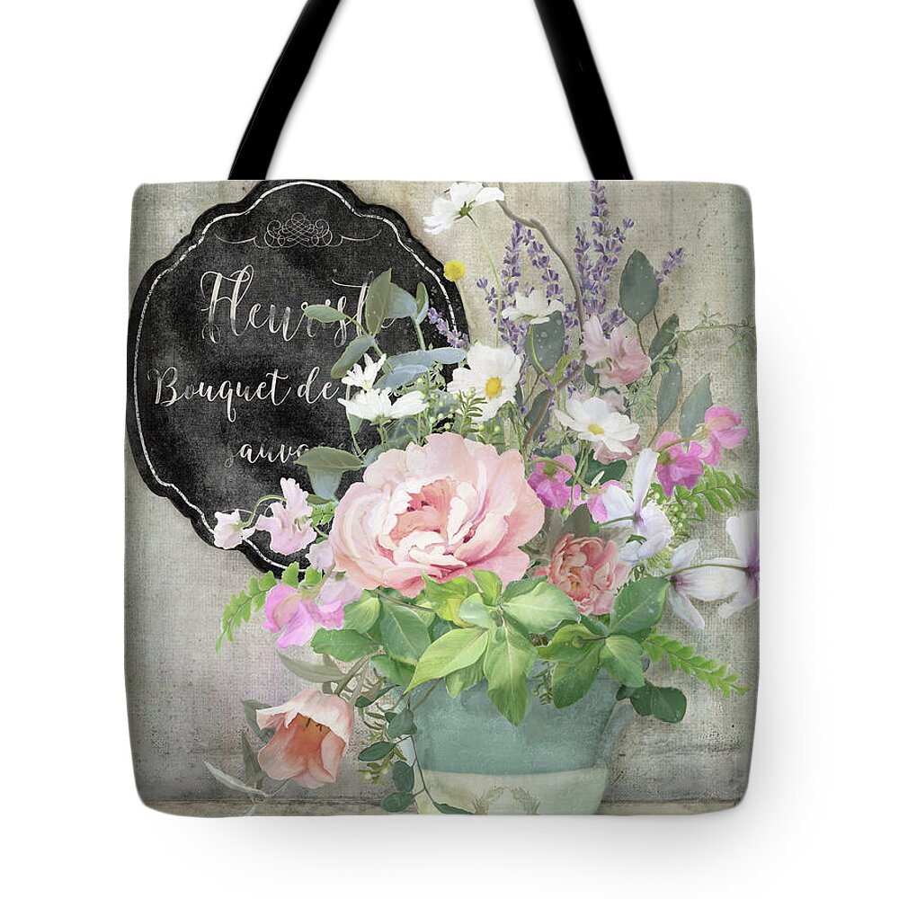 Marche Aux Fleurs Tote Bag featuring the painting Marche aux Fleurs 3 Peony Tulips Sweet Peas Lavender and Bird by Audrey Jeanne Roberts