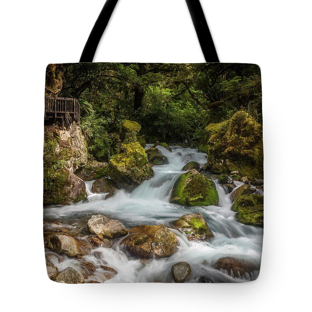 Joan Carroll Tote Bag featuring the photograph Marian Cascade New Zealand by Joan Carroll