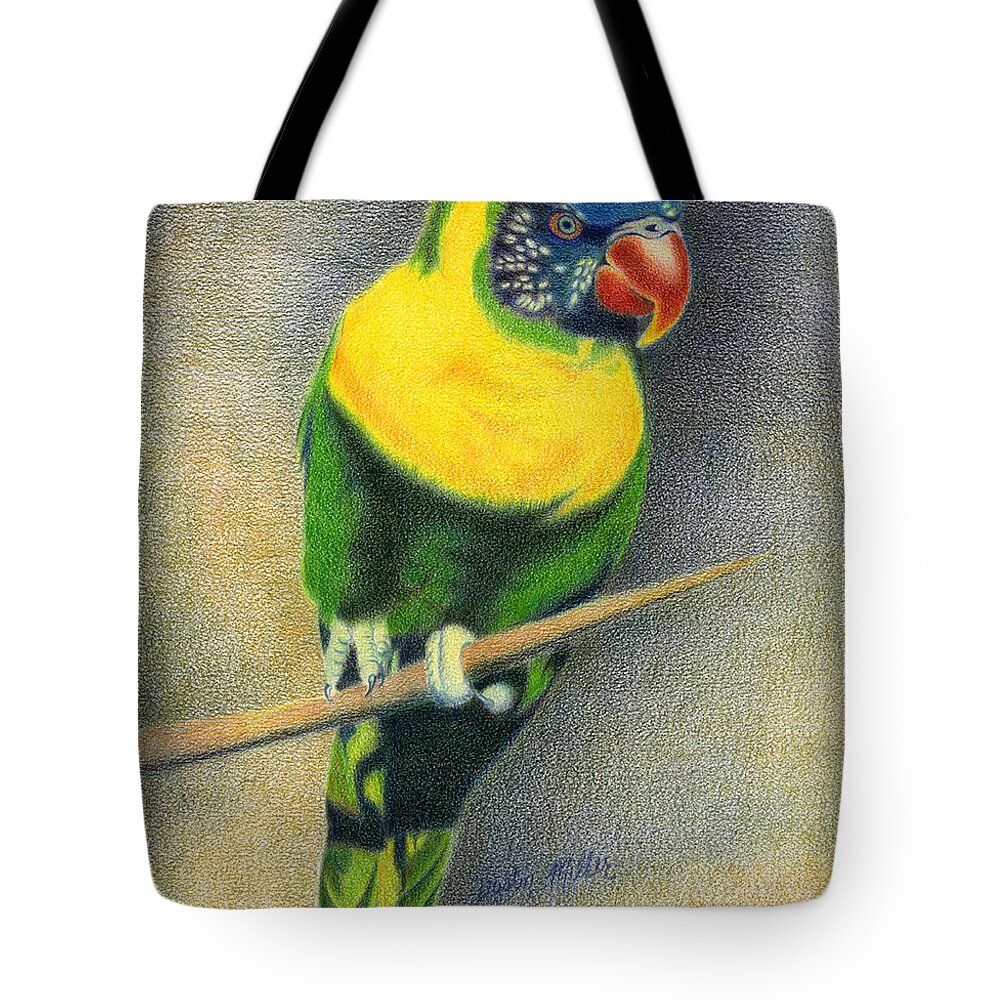 Art Tote Bag featuring the drawing Marigold Lorikeet by Dustin Miller