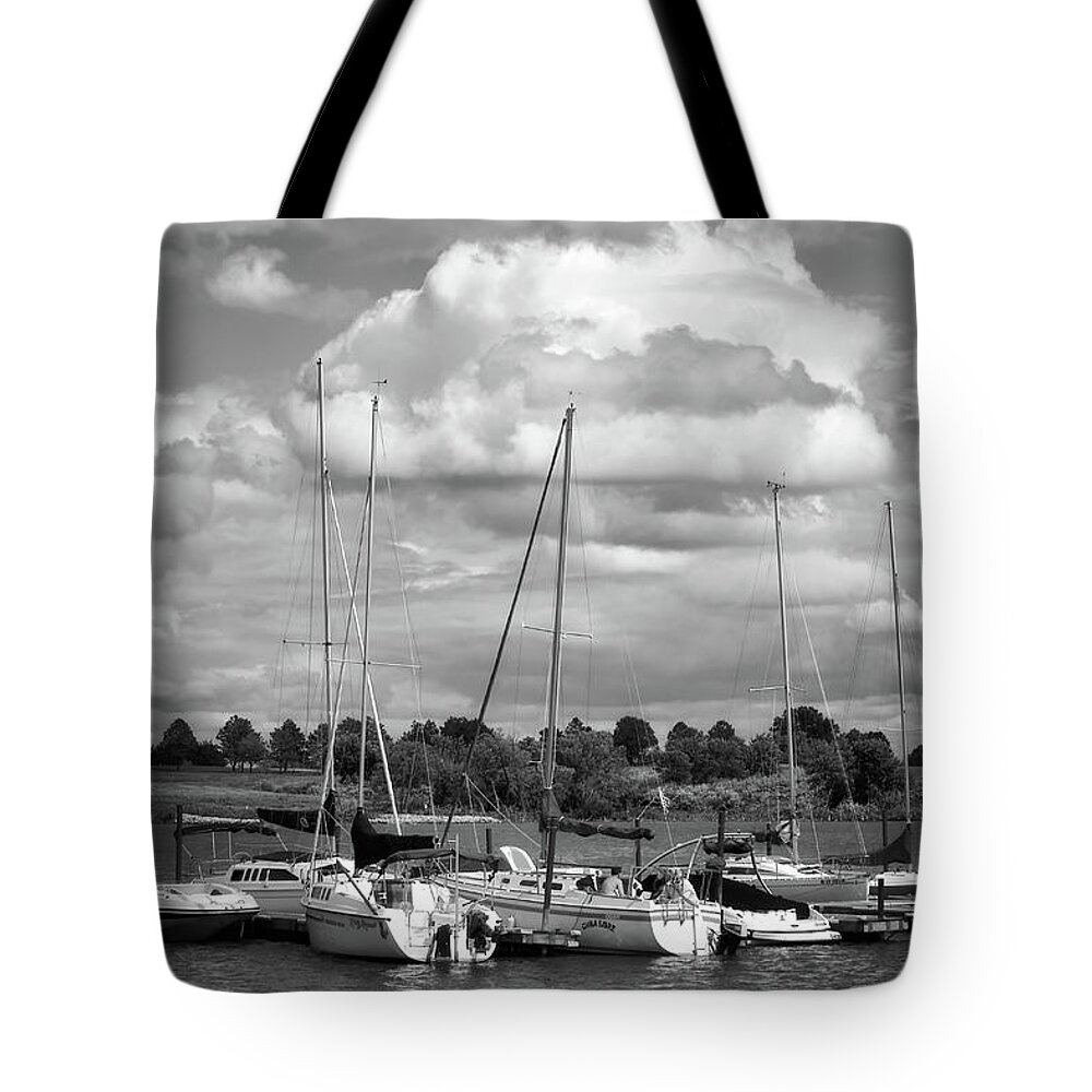 Boats Tote Bag featuring the photograph Marina - Branched Oak Lake - Black and White by Nikolyn McDonald