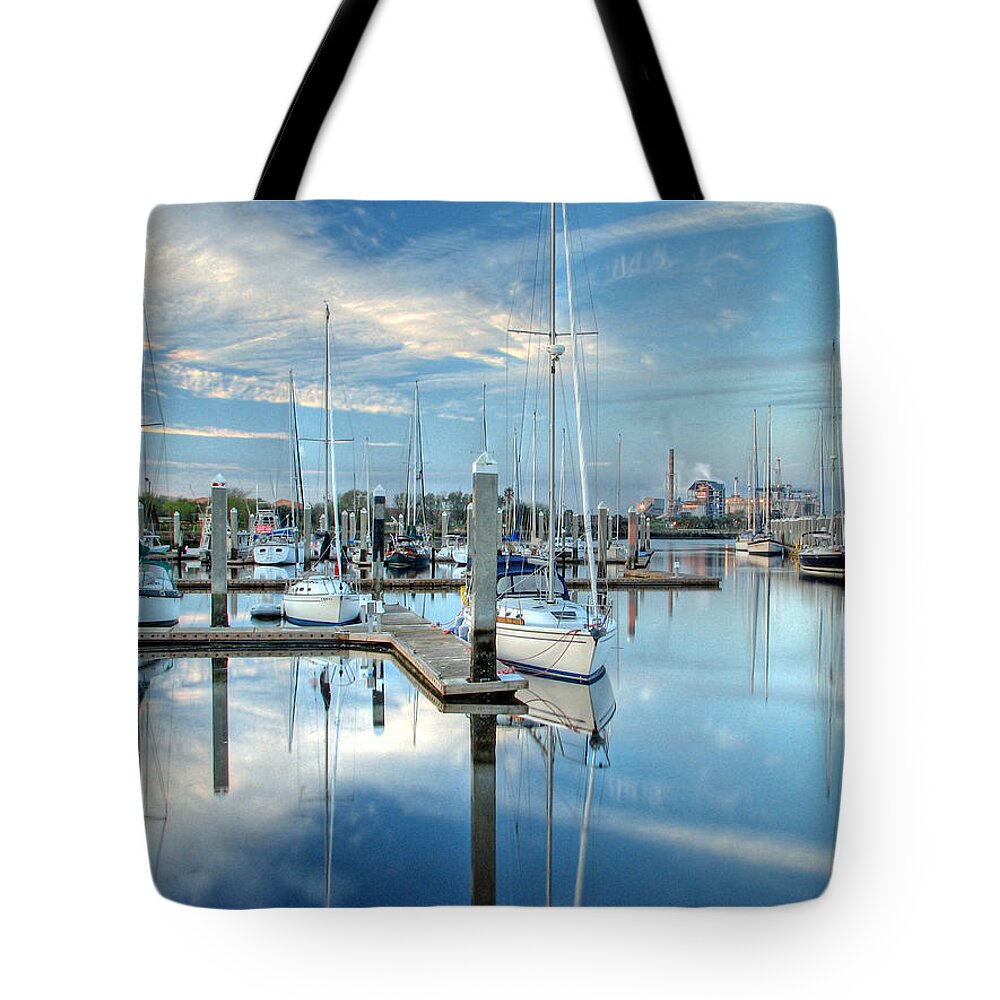 Fernandina Tote Bag featuring the photograph Marina Sunrise by Farol Tomson
