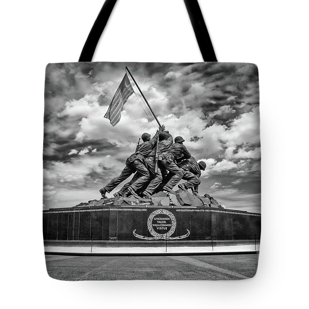 B&w Tote Bag featuring the photograph Marine Corps War Memorial by Anthony Sacco