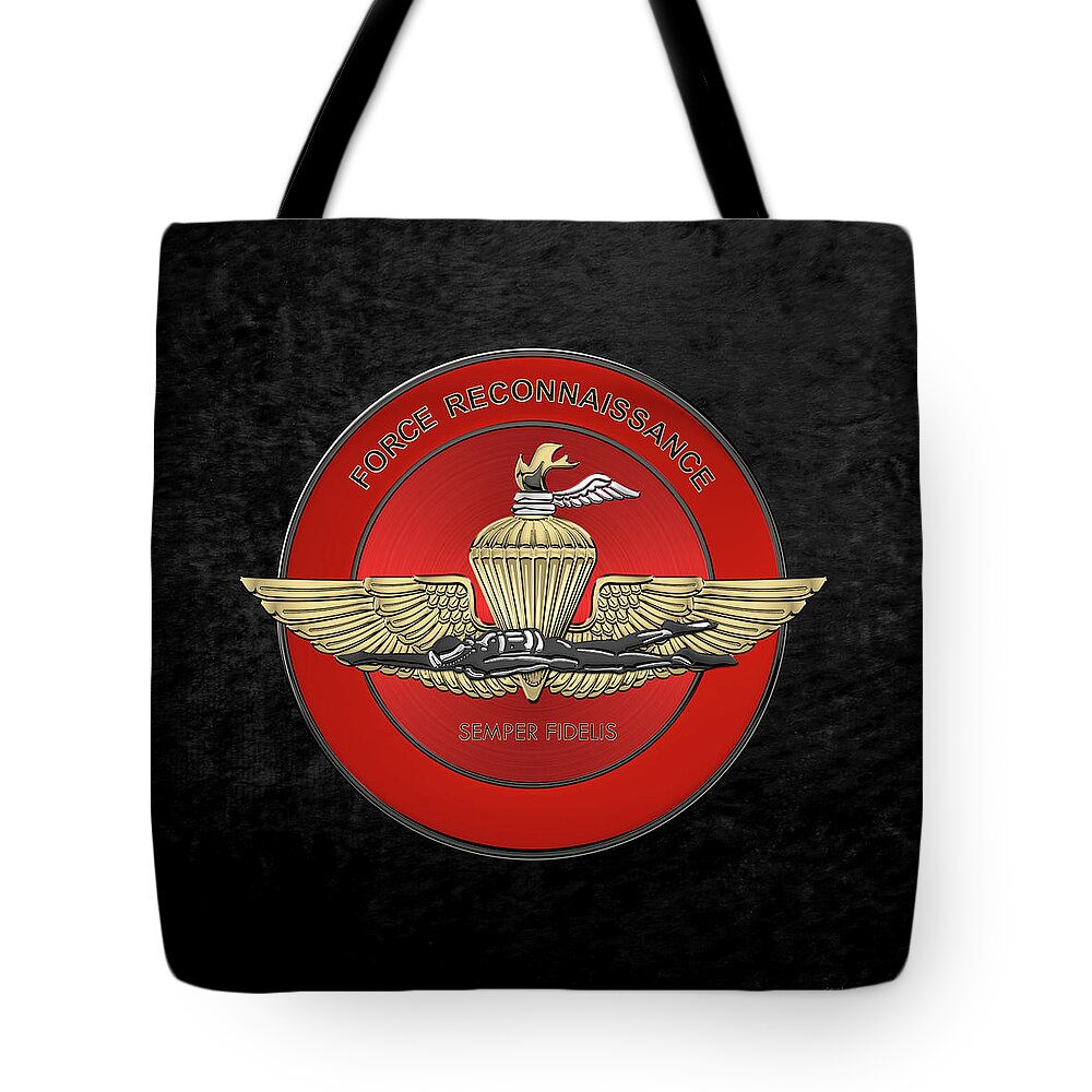 'military Insignia & Heraldry' Collection By Serge Averbukh Tote Bag featuring the digital art Marine Force Reconnaissance - U S M C  F O R E C O N Insignia over Black Velvet by Serge Averbukh