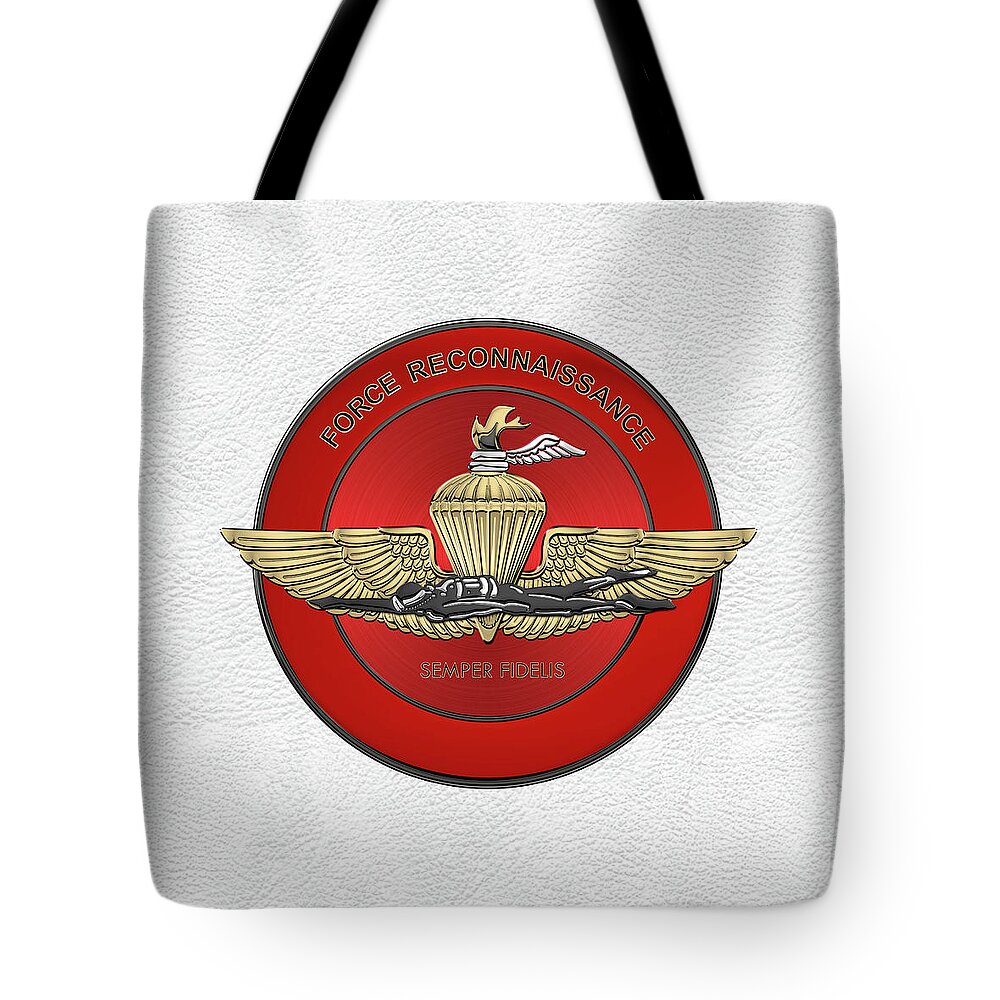 'military Insignia & Heraldry' Collection By Serge Averbukh Tote Bag featuring the digital art Marine Force Reconnaissance - U S M C  F O R E C O N Insignia over White Leather by Serge Averbukh