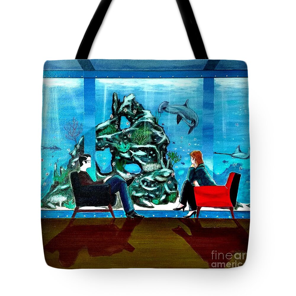 Johnlyes Tote Bag featuring the painting Marinelife Observing Couple Sitting in Chairs by John Lyes