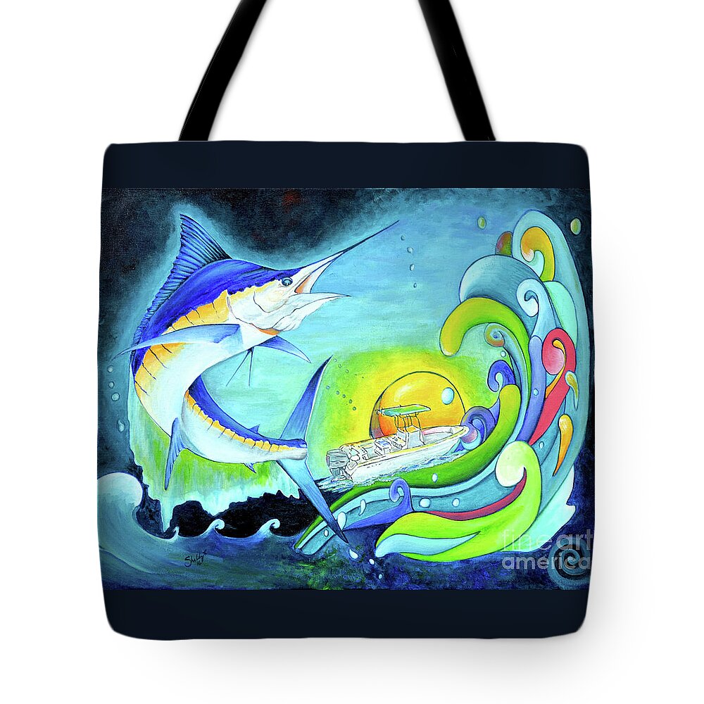Marlin Tote Bag featuring the painting Marlin Night Escape by Shelly Tschupp